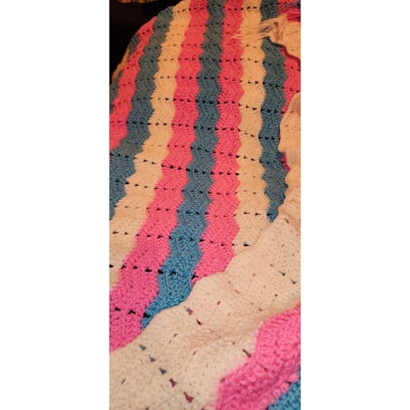 Handmade Crocheted Baby Blanket Fringe Multicolor Stripes Blue Pink White NEW - Picture 5 of 7